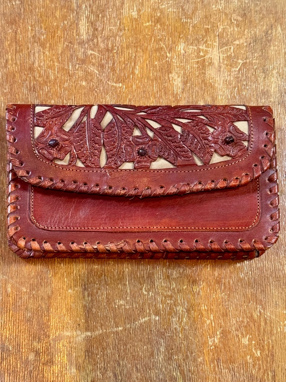Handcrafted Red Leather Floral Wallet Clutch, Western
